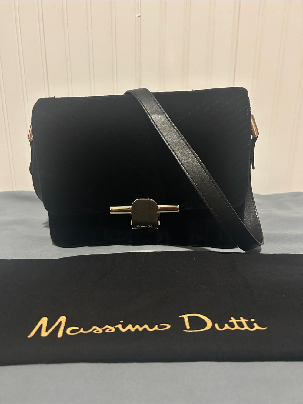 Massimo Dutti Black Velvet Messenger Bag w Diagonal Striped Quilting-Gently Used